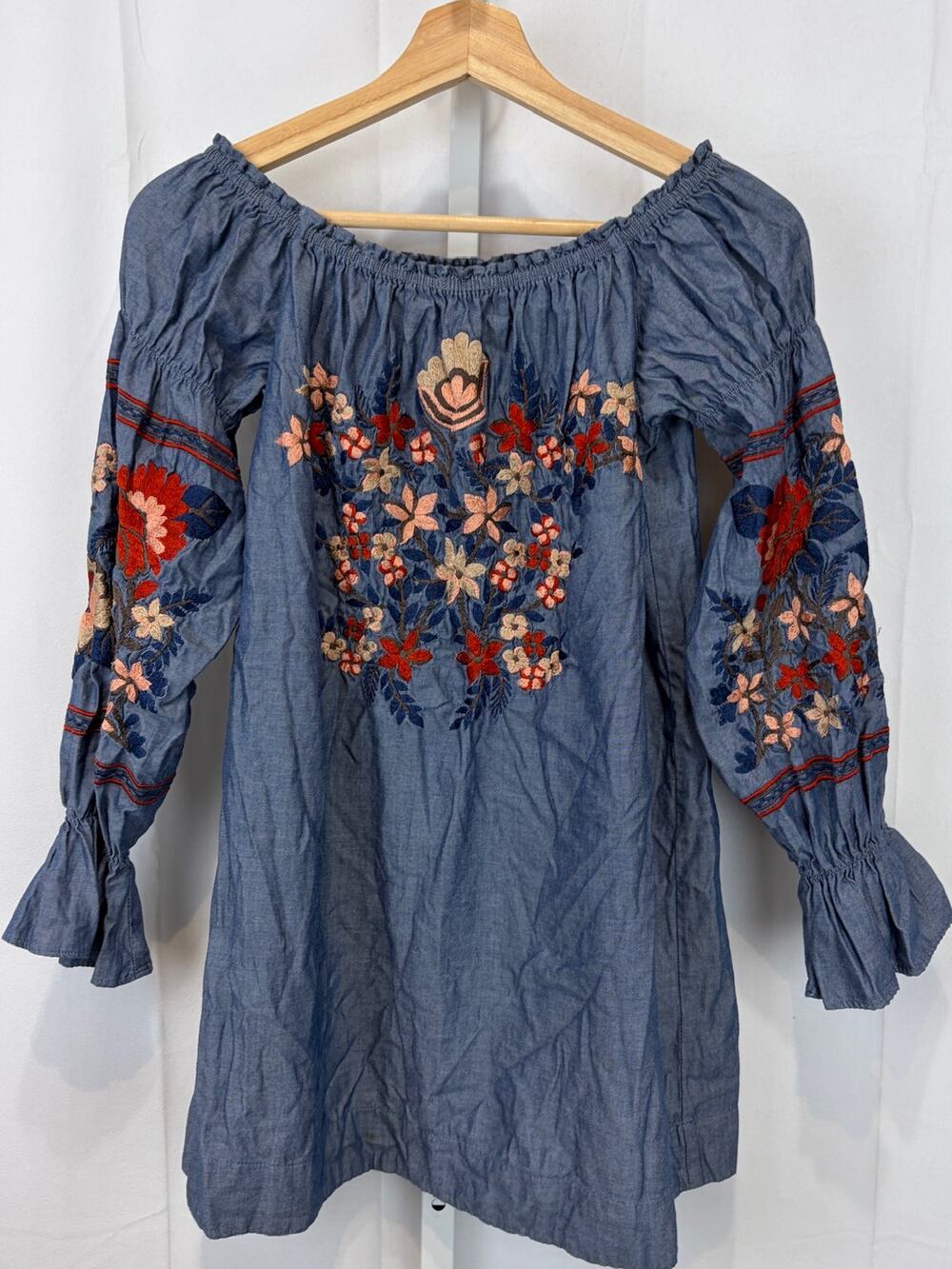FREE PEOPLE Fleur Du Jour Mini Dress Off Shoulder Tunic Floral Cotton Blue XS